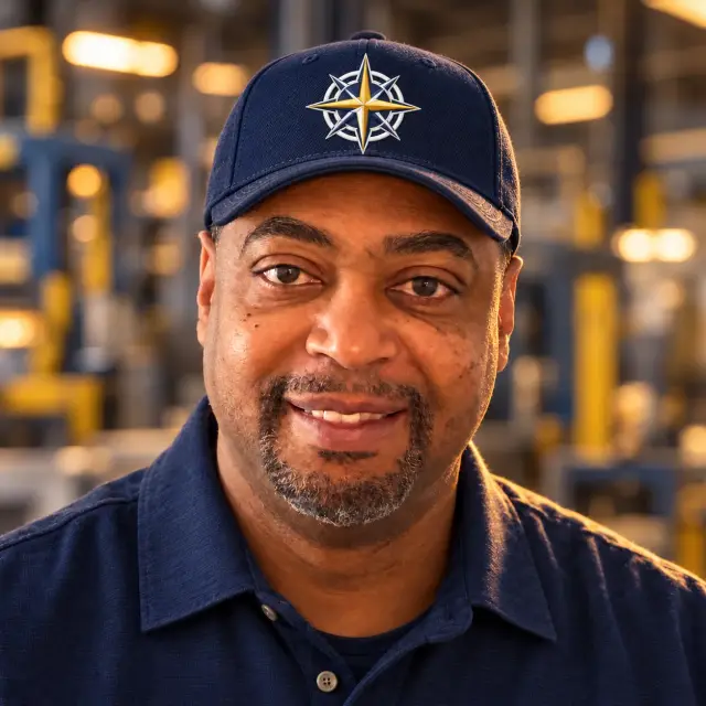 Dereck Smith wearing a navy Captain Workforce cap with a gold-and-white compass seal