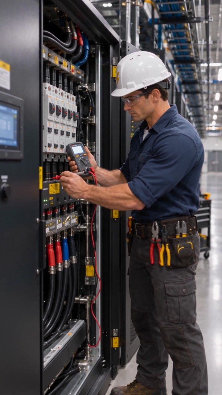 Industrial electrician working inside an electrical cabinet