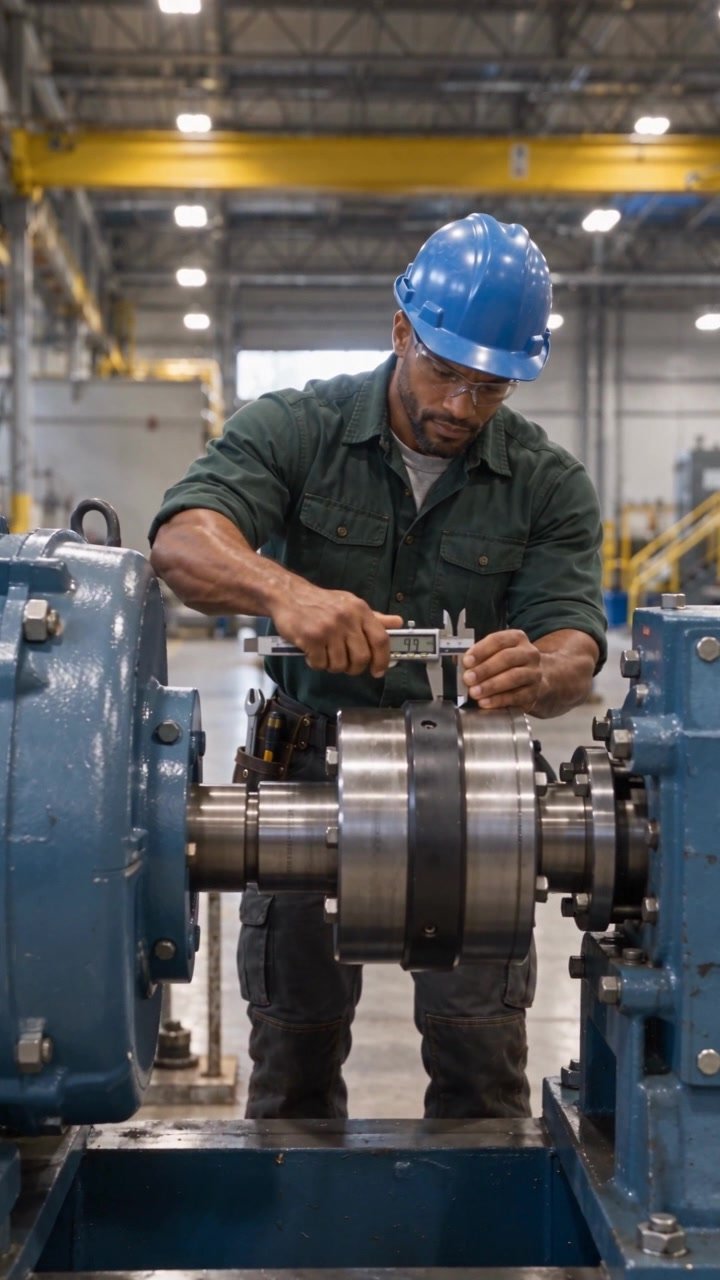 Millwright aligning industrial machinery
