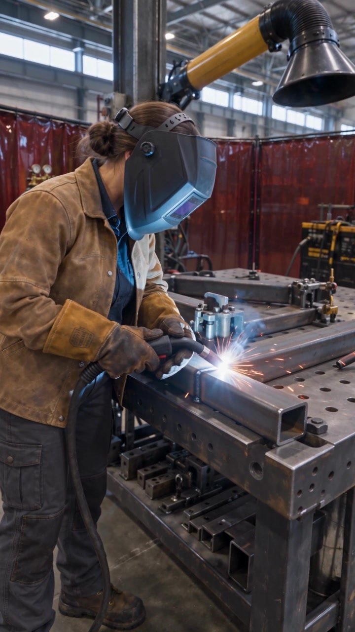 Welder at work wearing protective equipment